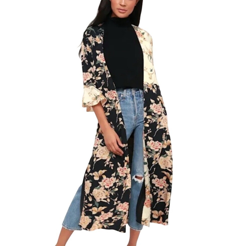 Lulus Floral Duster Kimono Womens Medium Black Yellow Boho Bell Sleeve Cardigan